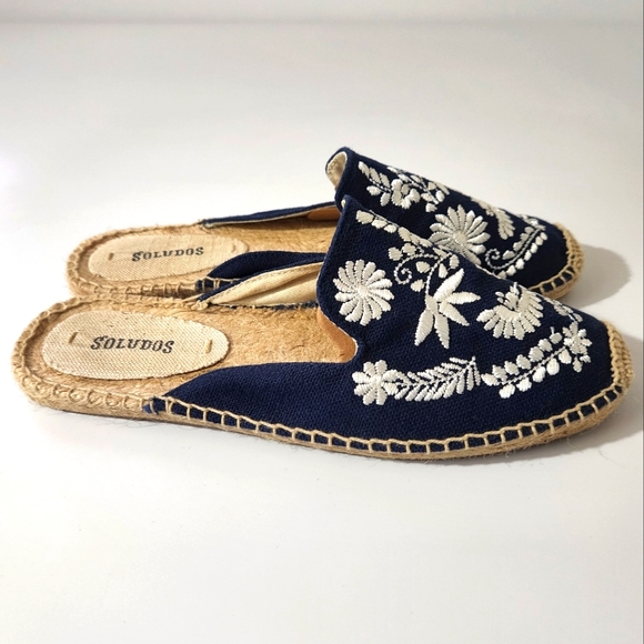 Soludos Blue White Embroidered Espidril Mule Flats Beach Boho Size 7.5 - Picture 4 of 10